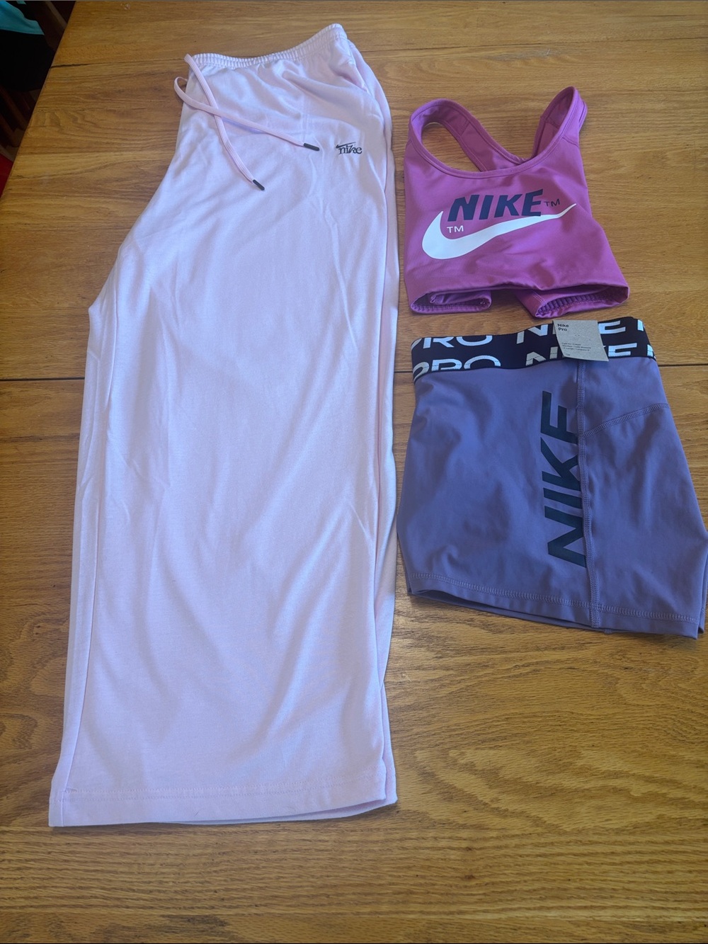 Nike Pink Sports Bra w/ Purple Shorts Light Pink Joggers 2 tops are 2x, pants 1x - Picture 2 of 13